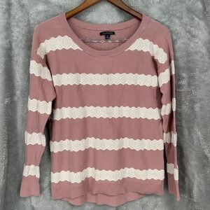 American Eagle Outfitters Mauve White Striped Lace Trim Sweater Women's Size L